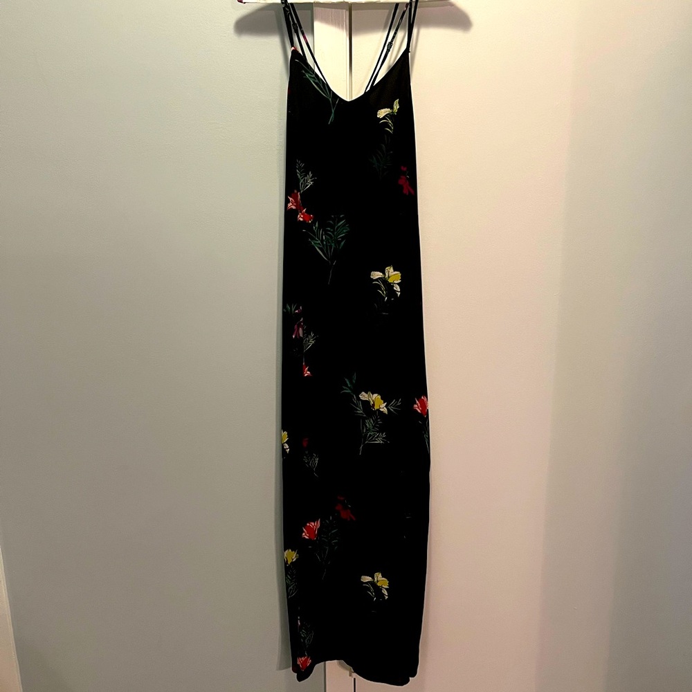 Spaghetti strap black, tropical print long dress